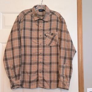 Men’s Kavu flannel long sleeve button tan brown plaid shirt. Size medium